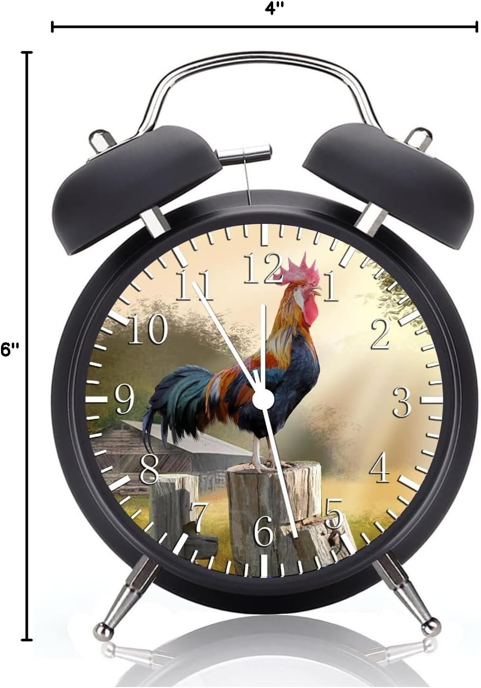 Twin Bell Rooster Farm Alarm Desk Clock with Night Light Quite Silent Non-Ticking 4 Inches Metak and Glass Face Great for Decor or Gifts G30