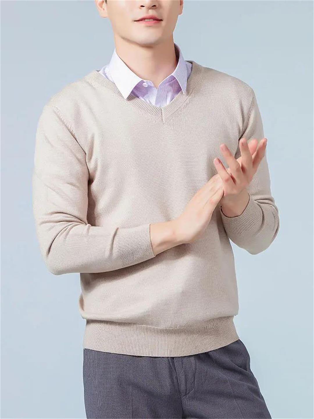 Men's V-Neck Pullover Sweater Cashmere Wool Blend Loose Fit Soft Warm Basic Business Knitted Top