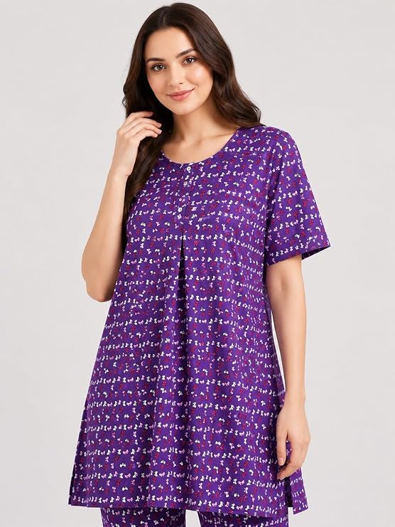 Image of KIAWAH Women Printed Night Suit Set, Cotton Blend Night Suit, A-Line Top and Pajama Set, Soft and Breathable Night Wear