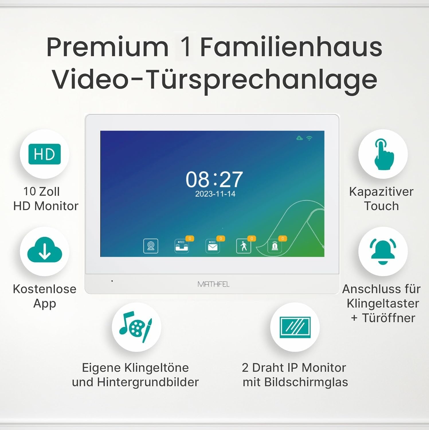MATHFEL 2 Draht Einfamilienhaus Türsprechanlage Gegensprechanlage Fischaugenkamera 170 Grad, Farbe: Anthrazit, 1x10'' Monitor weiß Außenstation Anthrazit