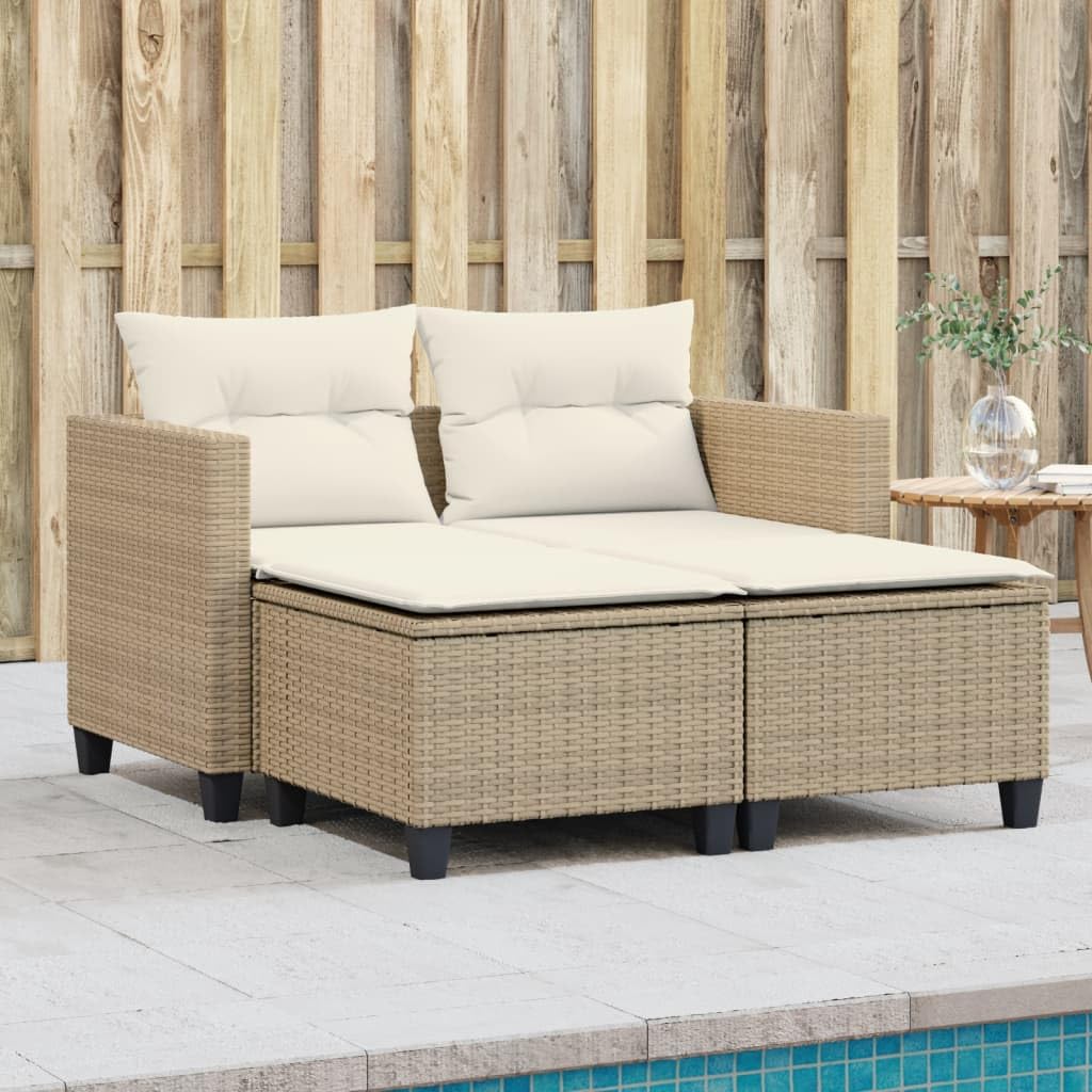 vidaXL Gartensofa 2-Sitzer mit Hockern, Outdoor Sofa Gartenmöbel, Garten Lounge Set Terrasse, Terrassenmöbel Zweisitzer, Beige Poly Rattan