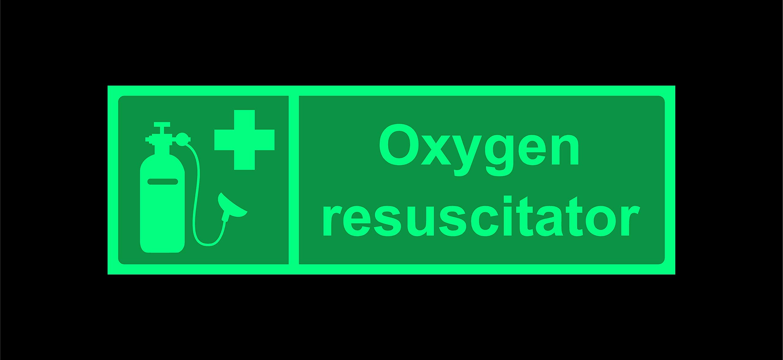 Oxygen resuscitator Safety sign - 1.2mm Photoluminescent glow in the dark rigid plastic with self adhesive backing 300mm x 100mm