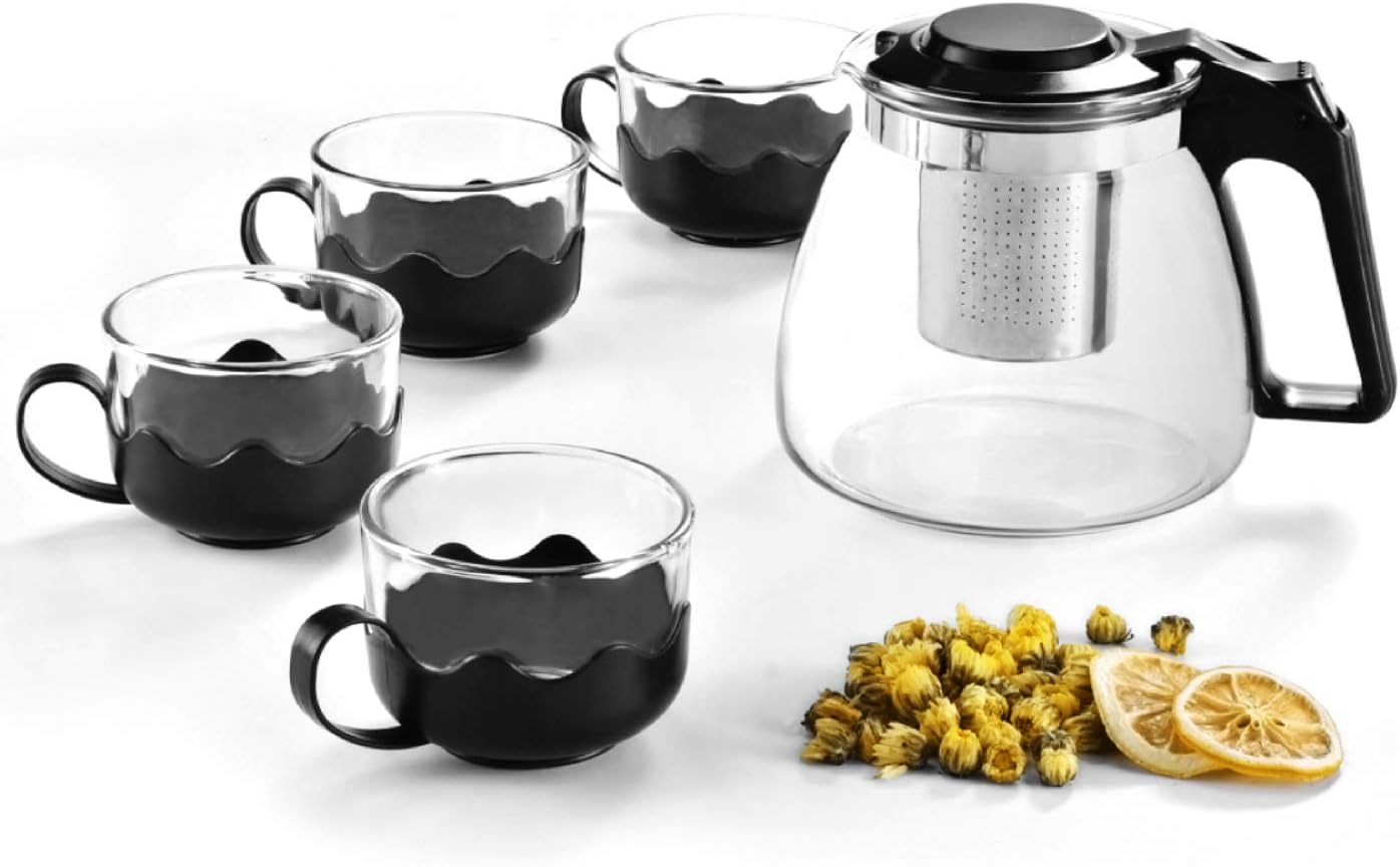 Teapot with Infuser and 4 Glass Cups set,Glass Tea Maker Kettle with Strainer Blooming Loose Leaf tea pot set