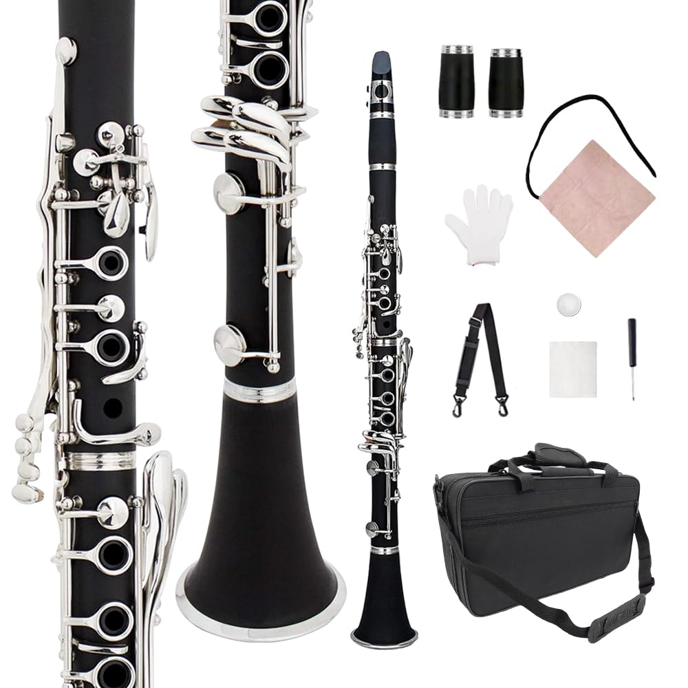 Fortschrittliche professionelle Bassklarinetten B Flachklarinette 17 Tasten Ebonit Klarinette vernickelt Kit inklusive leichtem und langlebigem Nylon überzogenem Hartschalenkoffer