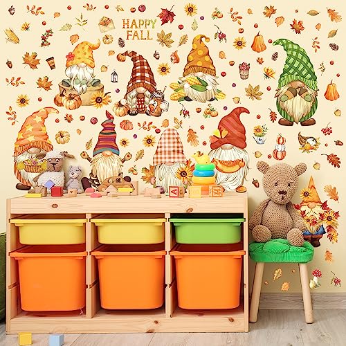 Whaline W8708 Fall Wall Stickers Watercolor Gnomes Wall Art Decals Colorful Maple Leaves Pumpkin Sunflower Self-Adhesive Wallpaper Stickers For Bedroom Tv Wall Baby Nursery Autumn Party Decoration thumb #3