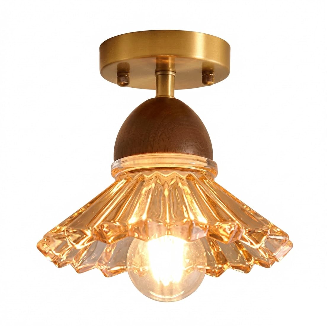 IvyLoutish Modern Vintage Style Ceiling Light, Brass Ash Wood and Scalloped Pleated Glass Shade, Plafond, Flush Mount Fixture, Lamp, Luminaire Suitable for Hallway, Entry, Balcony, Home