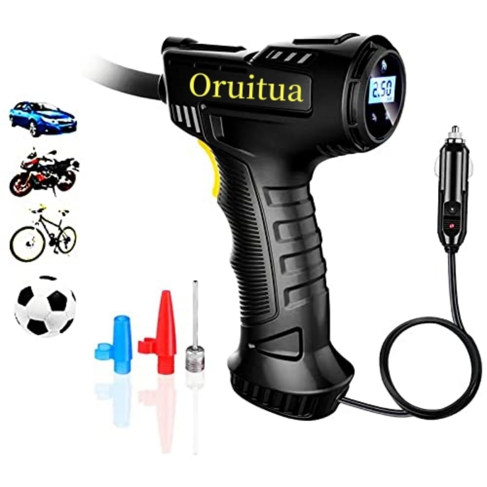 Oruitua tire inflator air compressor, portable handheld car tire air pump, with pressure gauge illumination, Full manual shutdown, 12V car power adapter, suitable for cars (Digital display model)