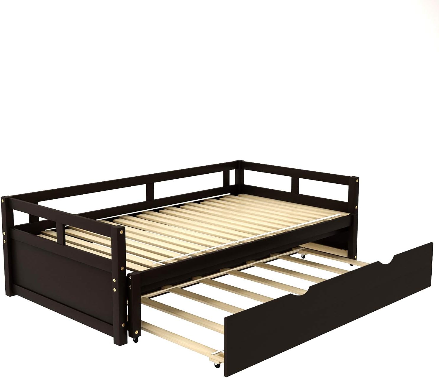 Rhomtree Twin to King Extending Day Bed with Twin Trundle Platform Bed Frame Sofa Bed for Bedroom Living Room No Box Spring Required (Espresso)
