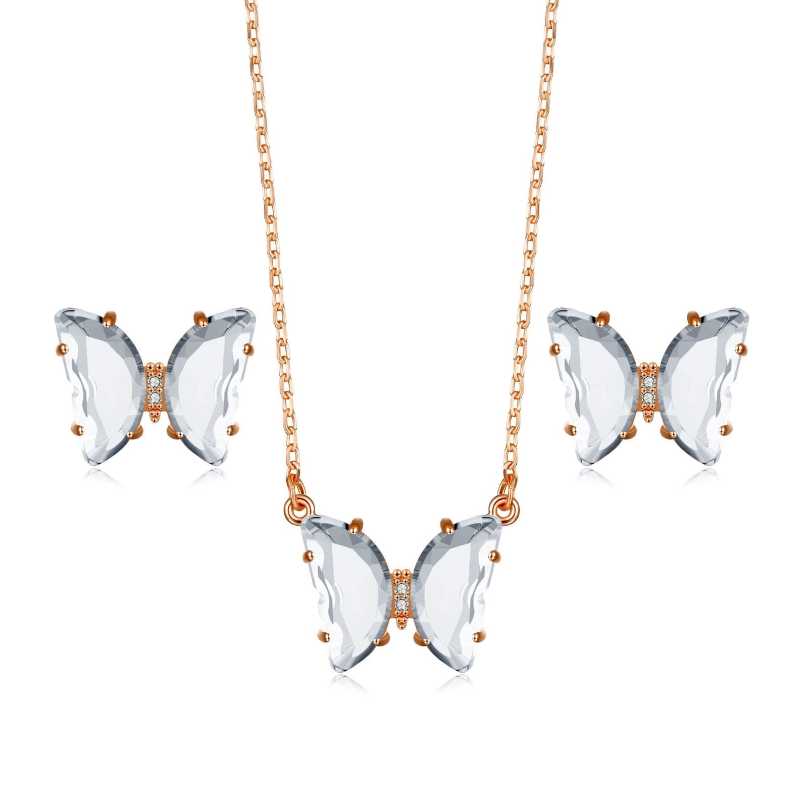 Colgante de mariposa para mujer con pendientes de oro rosa y circonitas blancas 4