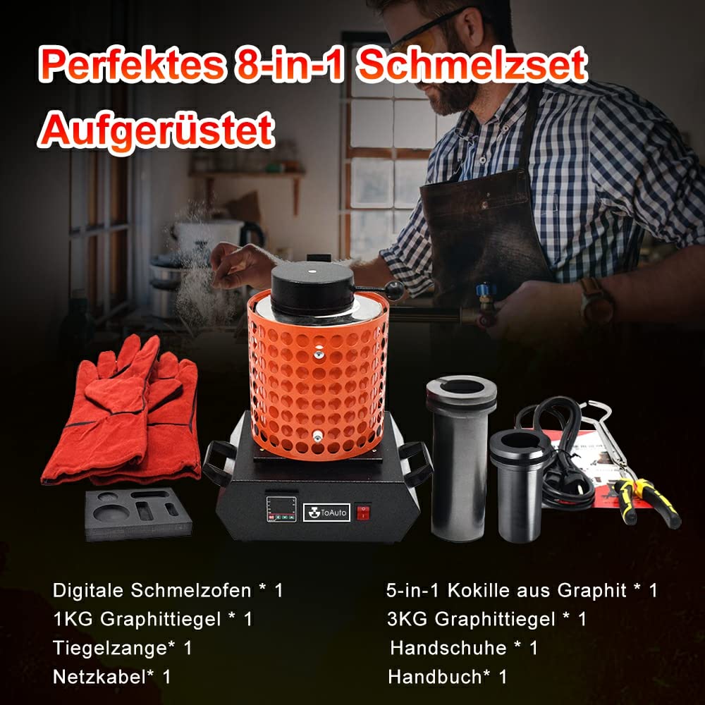 FASTTOBUY 3kg Digitale Schmelzofen 1100°C /2012°F, Automatischer Schmelzofen für Metall, Elektrisches Schmelz Ofen Kit mit 2 Graphittiege und Graphit Barrenform