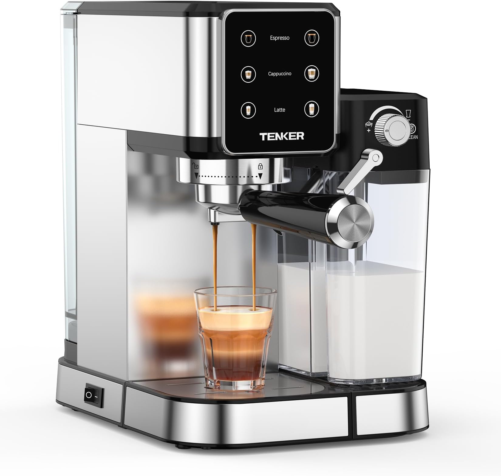 TENKER Espresso Machine, 20 Bar Cappuccino Machine with Automatic Milk Frother, 3-in-1 Coffee Machine, 1350W Dual Boiler Latte Maker, Touchscreen Espresso Coffee Maker, Stainless Steel
