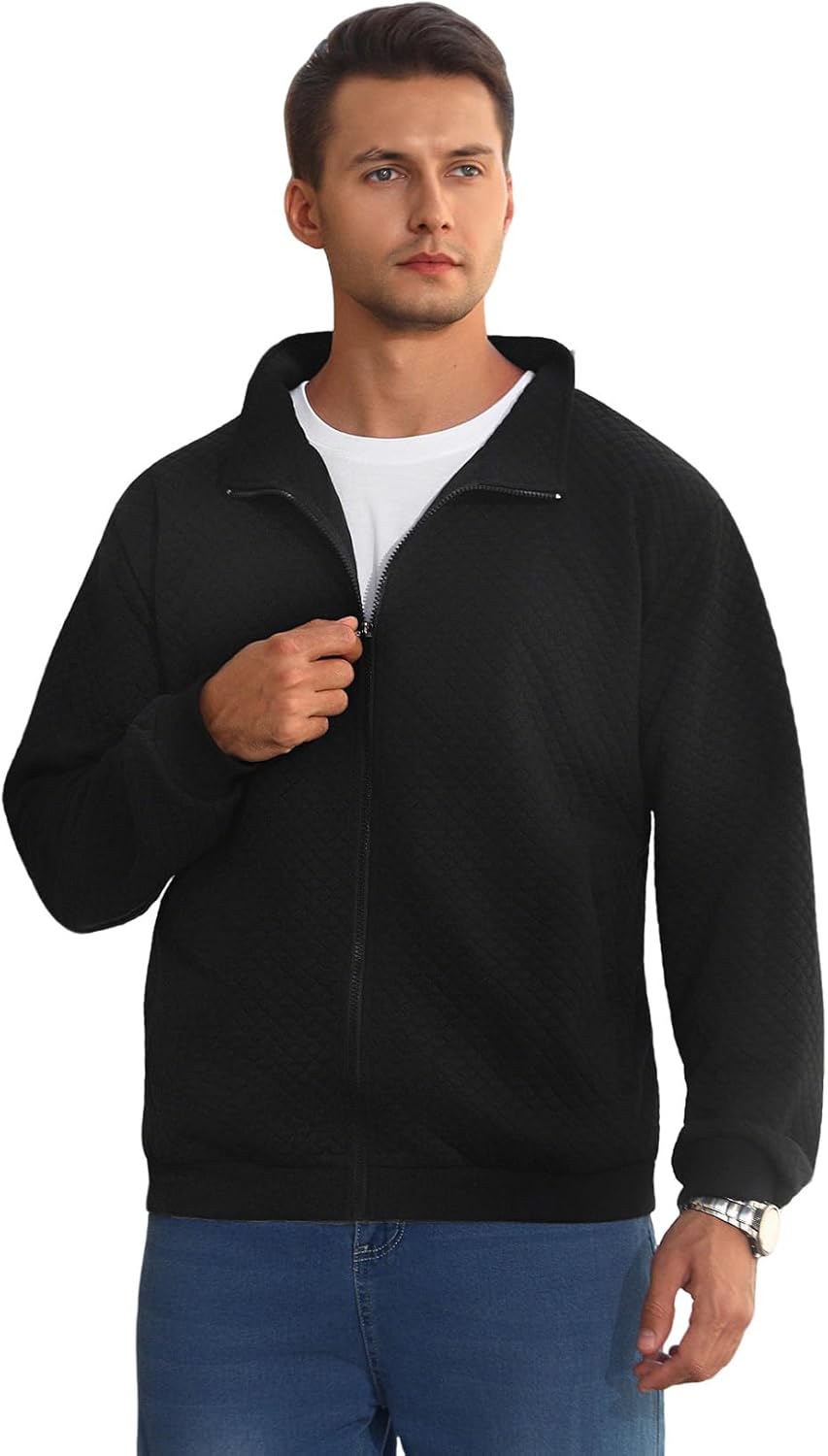 Mens Sweatshirt Full Zip Up Mock Neck Quilted Jacket Sweatshirt for Men Lightweight Casual Sweater with Pocket