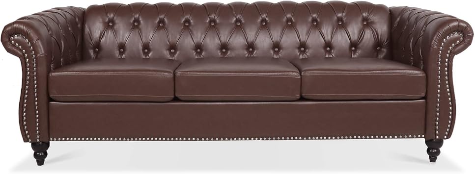 Chesterfield Faux Leather Sofa, 3 Seater Button Tufted Couch with Nailhead Trim and Rolled Arms for Living Room Office Apartment Dark Brown