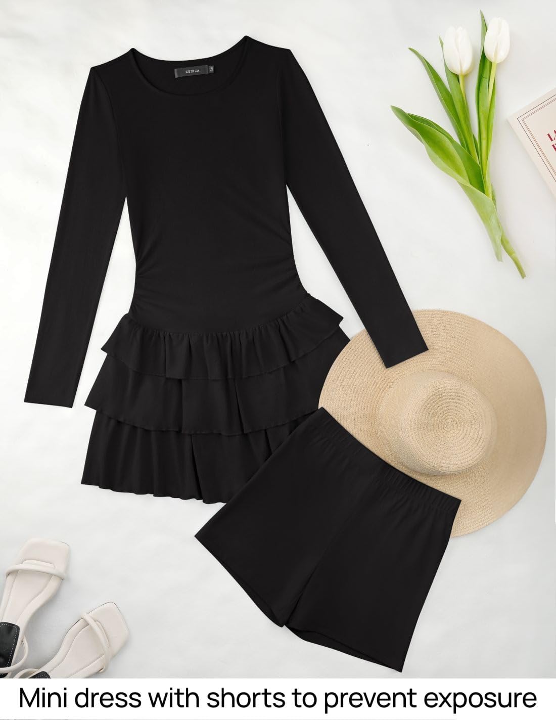 ZESICA Womens Long Sleeve Bodycon Mini Dress Ribbed Knit Crew Neck Ruffle Tiered Flowy Cocktail Party Dresses - Image 8