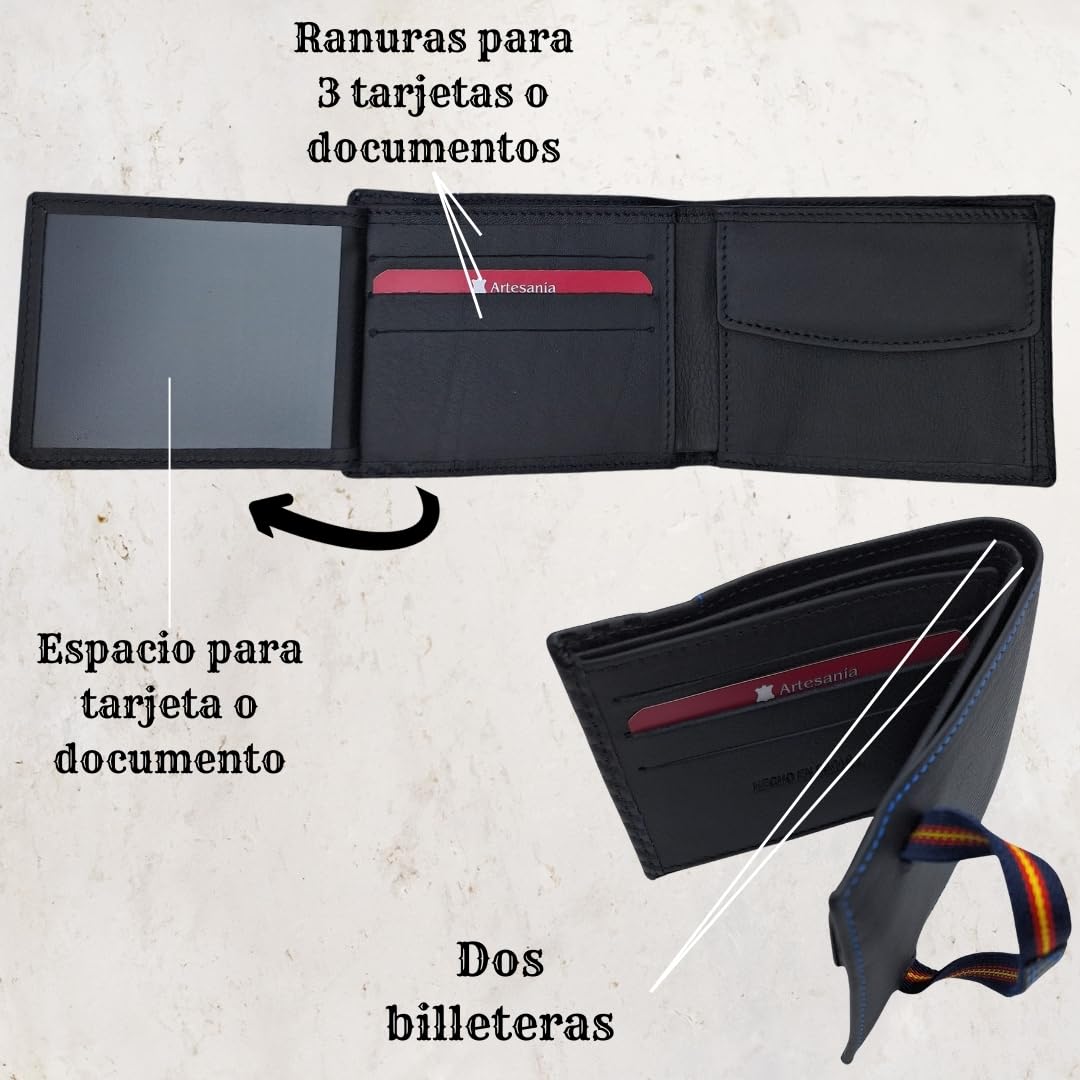 Cartera de Piel para Hombre Hecha artesanalmente en Ubrique Hombres y jóvenes, Incluye Llavero y Pulsera de temática española. (76 Negro Tira Grabado Hilo Azul)