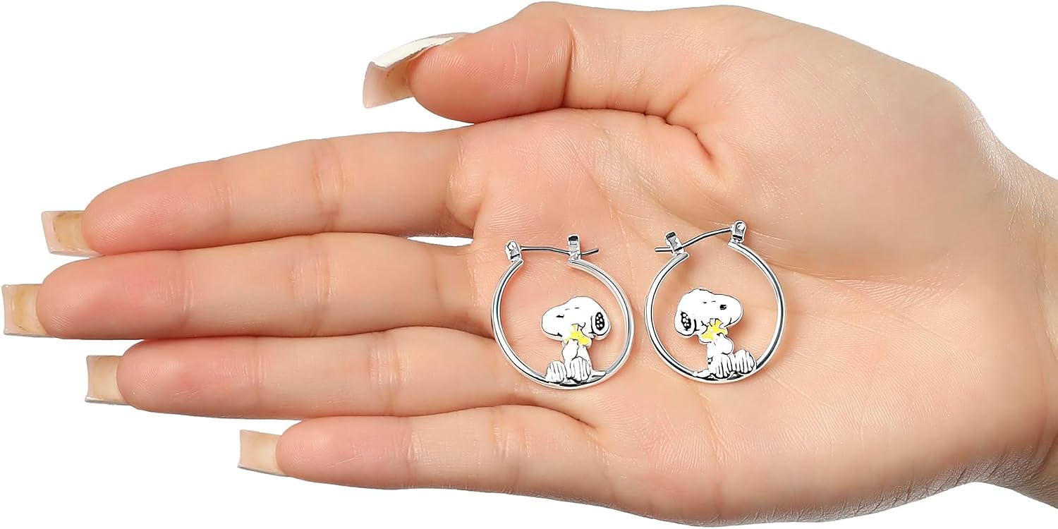 Peanuts Snoopy Earrings for Women Official License, Silver Flash-Plated Hoop Earrings with a Snoopy and Woodstock Accessory