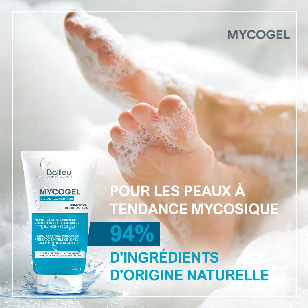 Bailleul | Mycogel | Gel lavant contre les mycoses cutanées | Nettoie, Apaise et Protège | Peaux et muqueuses génitales sensibles à tendance mycosique | Vegan | Lot de 3 x 150 ml