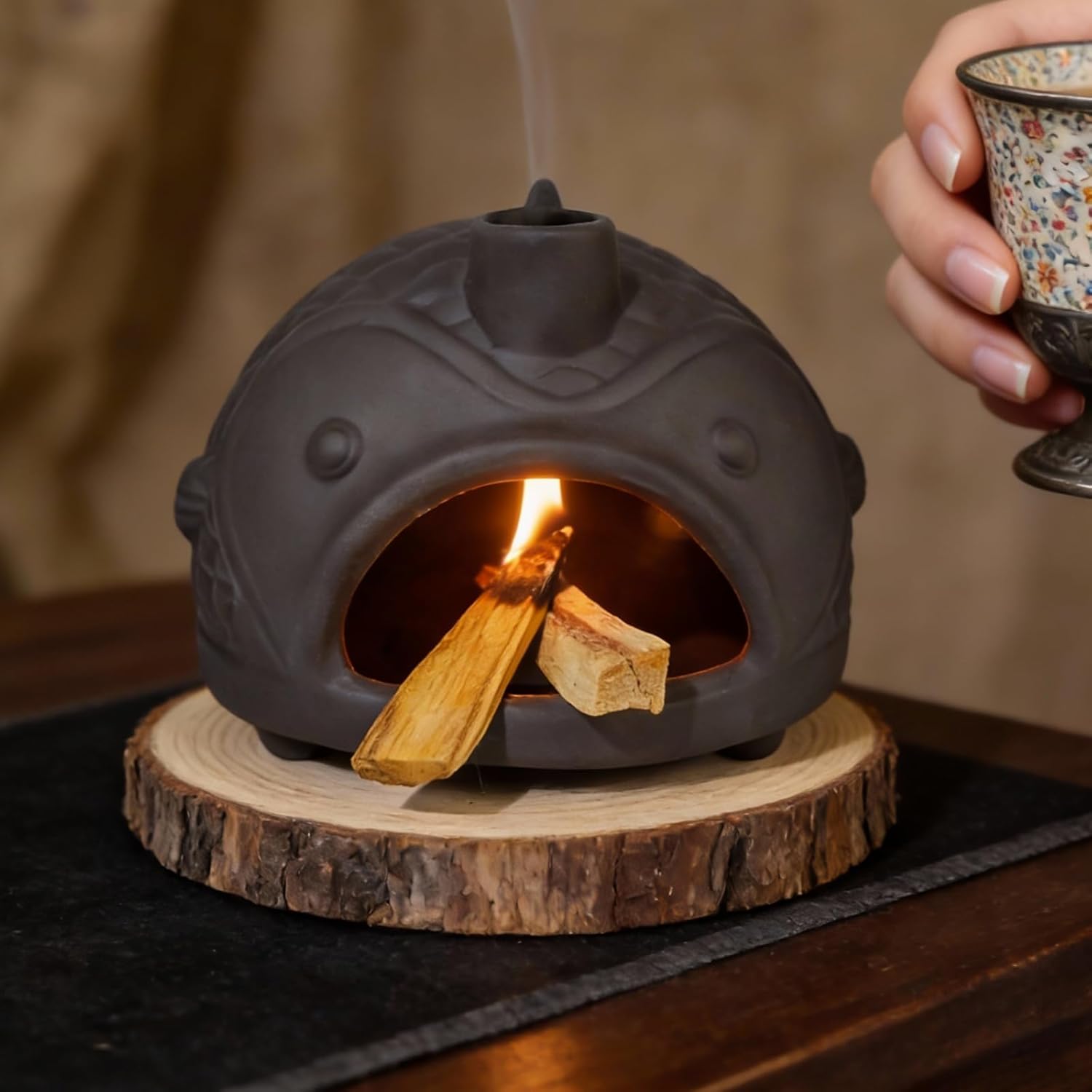 MOUGIGI Handmade Black Fish-Shaped Palo Santo Holder - Charming Sage Burner for Cone Incense & Chiminea with Chimney - Thoughtful Gift for Energy Cleansing, Yoga, Spa, Altar Decor & Aromatherapy