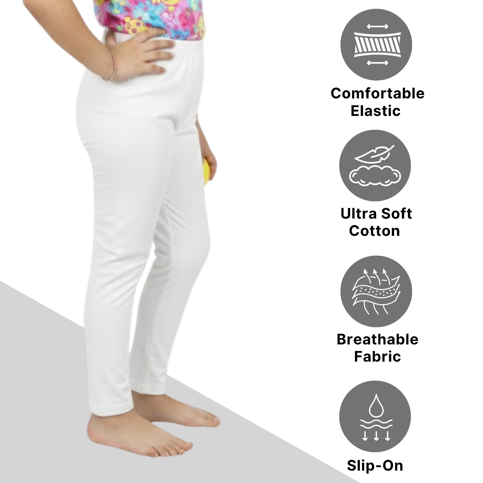 comfycute Cotton Leggings for Girls | Soft Stretchable Plain Ankle Length Bottoms for Kids | Non-Transparent Fabric | Comfortable Regular Fit Daily Leggings for All Day Use | 4-5 Yr White - Image 4 thumbnail