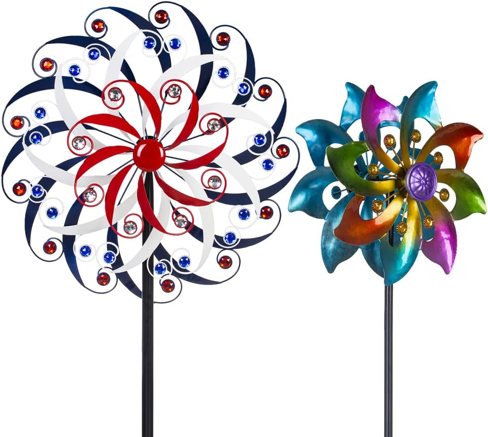 DREAMYSOUL 20" Dia*79.5" H Patriotic Wind Spinner (Three Layers) + 37" Colorful Wind Spinner (Double Blade), Outdoor Metal Wind Sculpture Yard Art for Garden Patio Lawn Decor