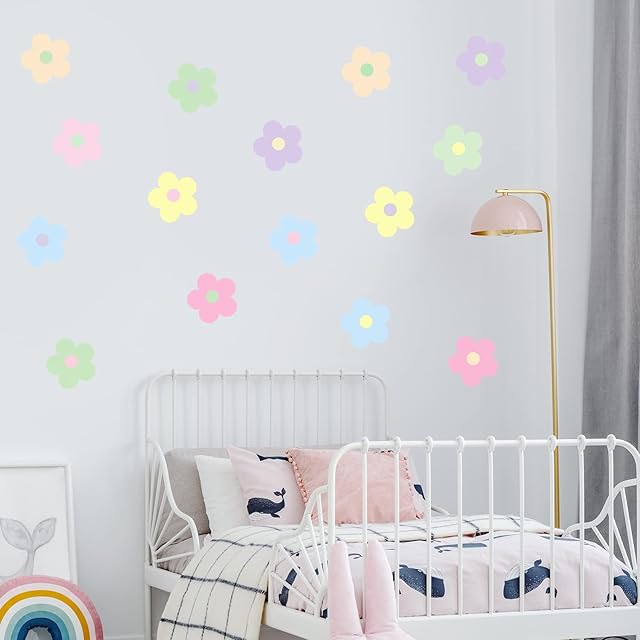 Wall Decal, Flower Wall Decor, (Easy to Install), Wall Decor Aesthetic Stickers Boho Danish Pastel Art Vinyl Girls Bedroom Bathroom 3D DIY Hippie Pink Cute Flowers Colorful Family Peel and Stick Home