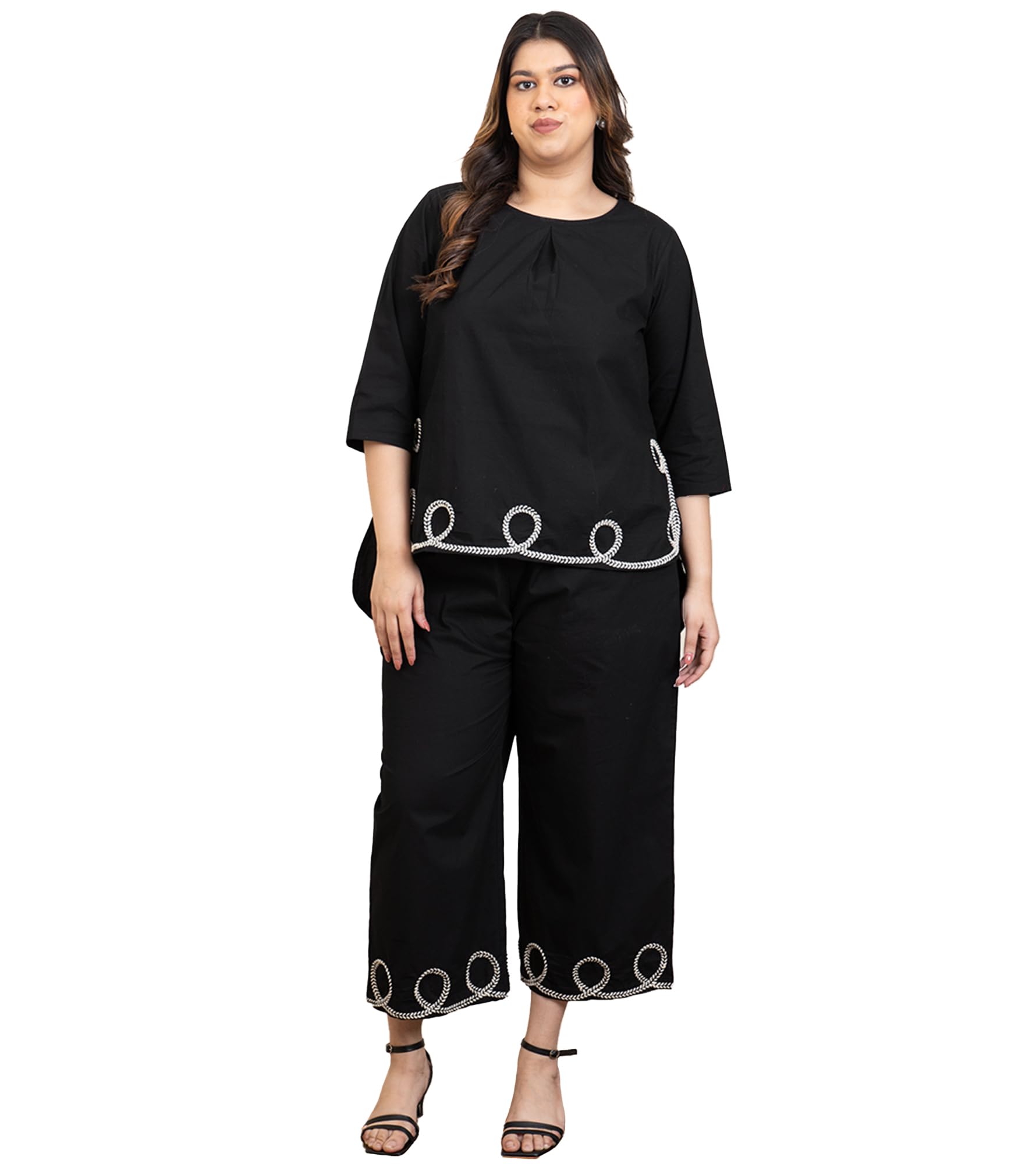 Solid Cotton High Low Tunic & Pants Women's Plus Size Co-Ord Set|Boat Neck 3/4 Sleeves Relax Fit Long Length Summer Western Casual Wear Ladies Cord Set-image-47