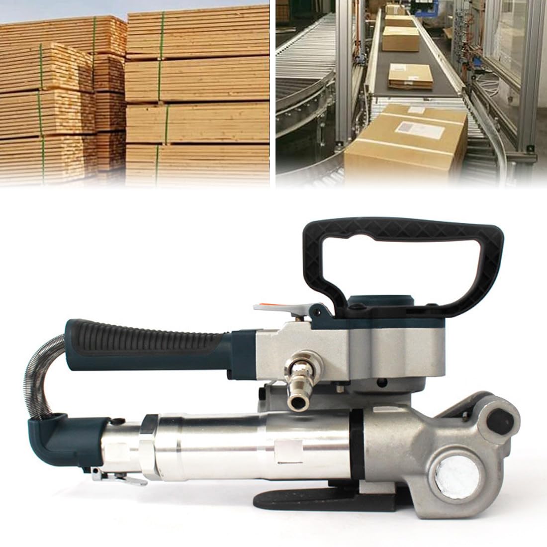 Reggiatrice pneumatica, portatile, 3 in 1, per cinghie in plastica PET, tensione massima 3500N, ideale per applicazioni in alluminio, legno, metallo