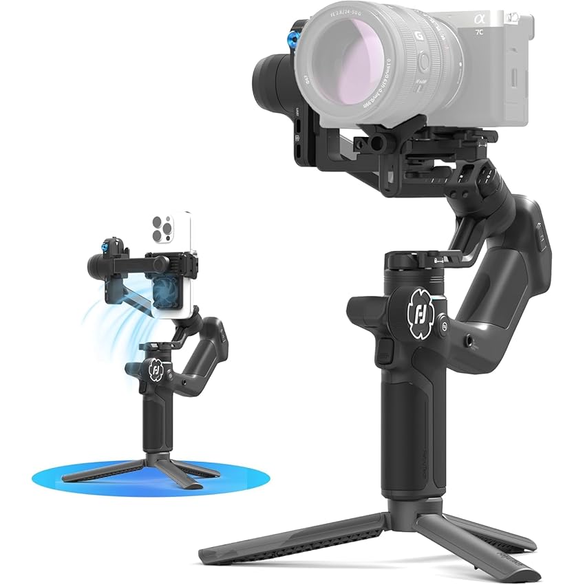 Feiyu SCORP Mini 3 [Ufficiale] Stabilizzatore a 3 Assi con Tracciamento AI 4.0 per Fotocamera Reflex/Mirrorless/ActionCam/Smartphone,Carico utile di 2KG,Supporto per telefono(Ventola di Raffreddamento