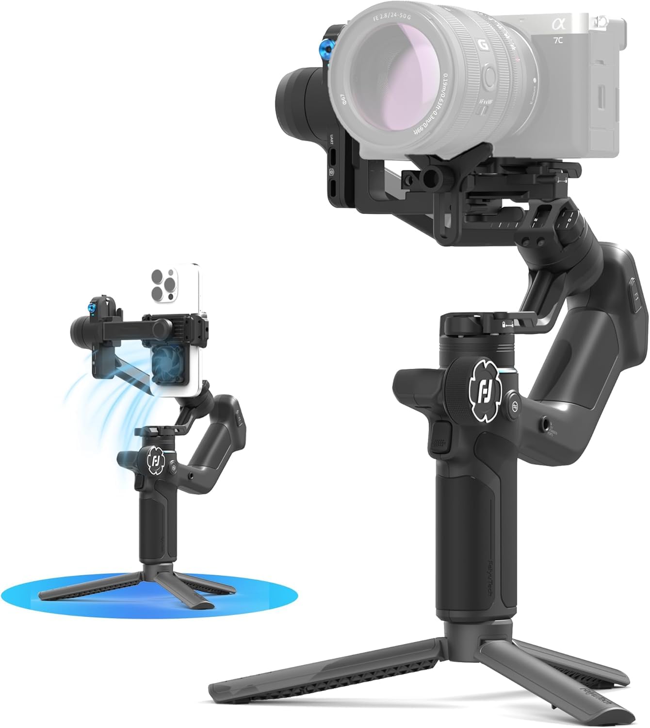 Feiyu SCORP Mini 3 KIT [OFFICIEL] Stabilisateur 3 Axes avec Suivi IA 4.0 pour Appareils Photo Reflex/Mirrorless/Action Cam,Smartphone,Charge utile 2KG,Support Phone avec Ventilateur de Refroidissement