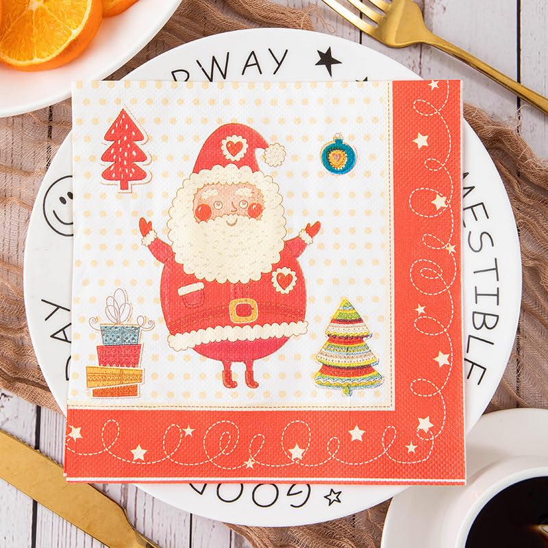 Servilletas Papel Papá Noel Beige Desechables Servilletas Decoupage Cocktail Cumpleaños 2 Capas Toilet Papel Higienico Decoración de Mesa para Bodas,Fiesta en el Jardín 30 Paquetes(33x33cm）