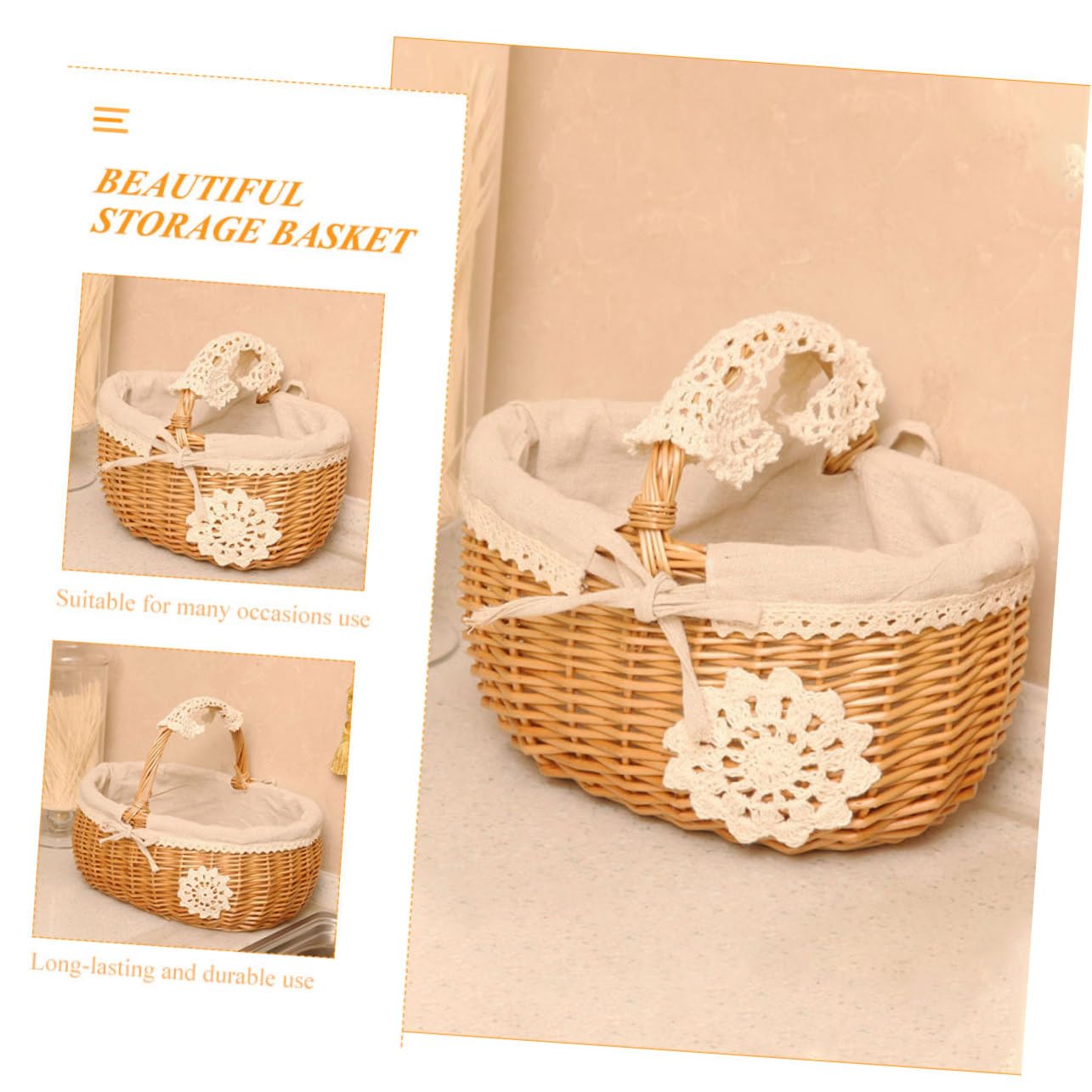 Cesta De Almacenamiento De Mimbre Asa Para Picnic Frutas y Flores Estilo Aleatorio Cesta Multiuso Para Cocina y Decoración Del Hogar