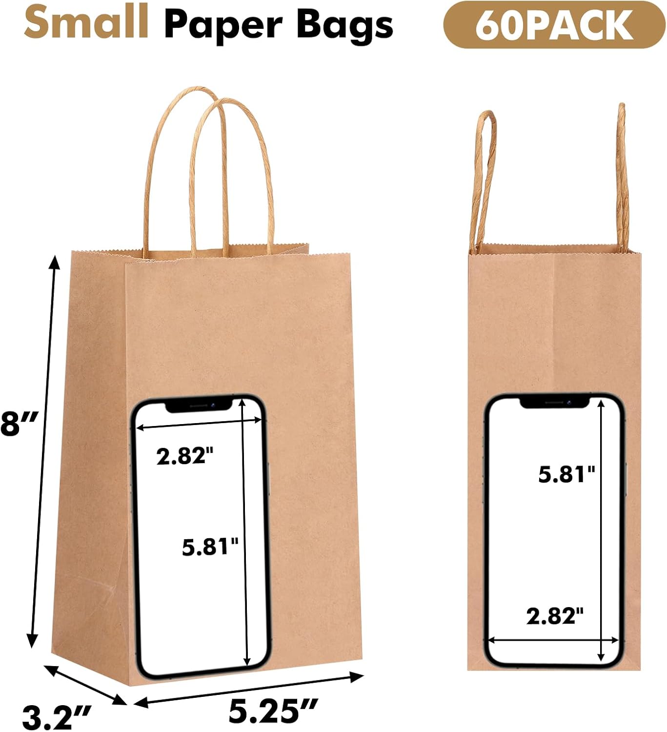 OUTUXED 60pcs 5.25x3.2x8in Small Gift Bags, Brown Paper Bags with Handles Bulk for Gift, Shopping, Birthday, Wedding, Business Party (Kraft)