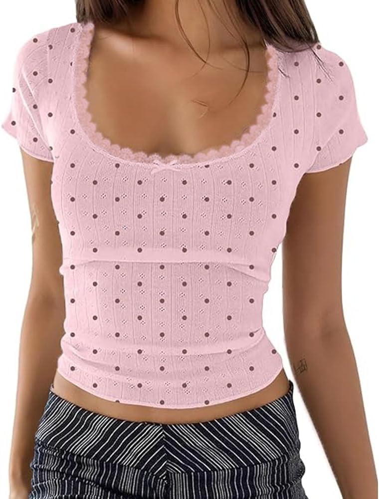 Women Polka Dot Top Vintage Short Sleeve Y2K Lace Patchwork Aesthetic Tee Tops Scoop Neck Fitted Girls Jersey Tshirt