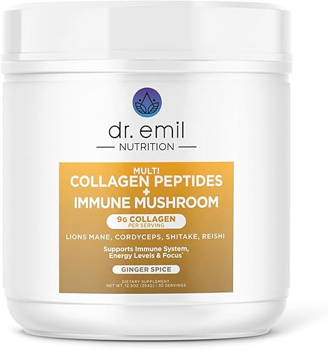 DR. EMIL NUTRITION Polvo de péptidos de colágeno más mezcla de hongos inmunológicos, polvo de colágeno para mujeres con melena de león y polvo de