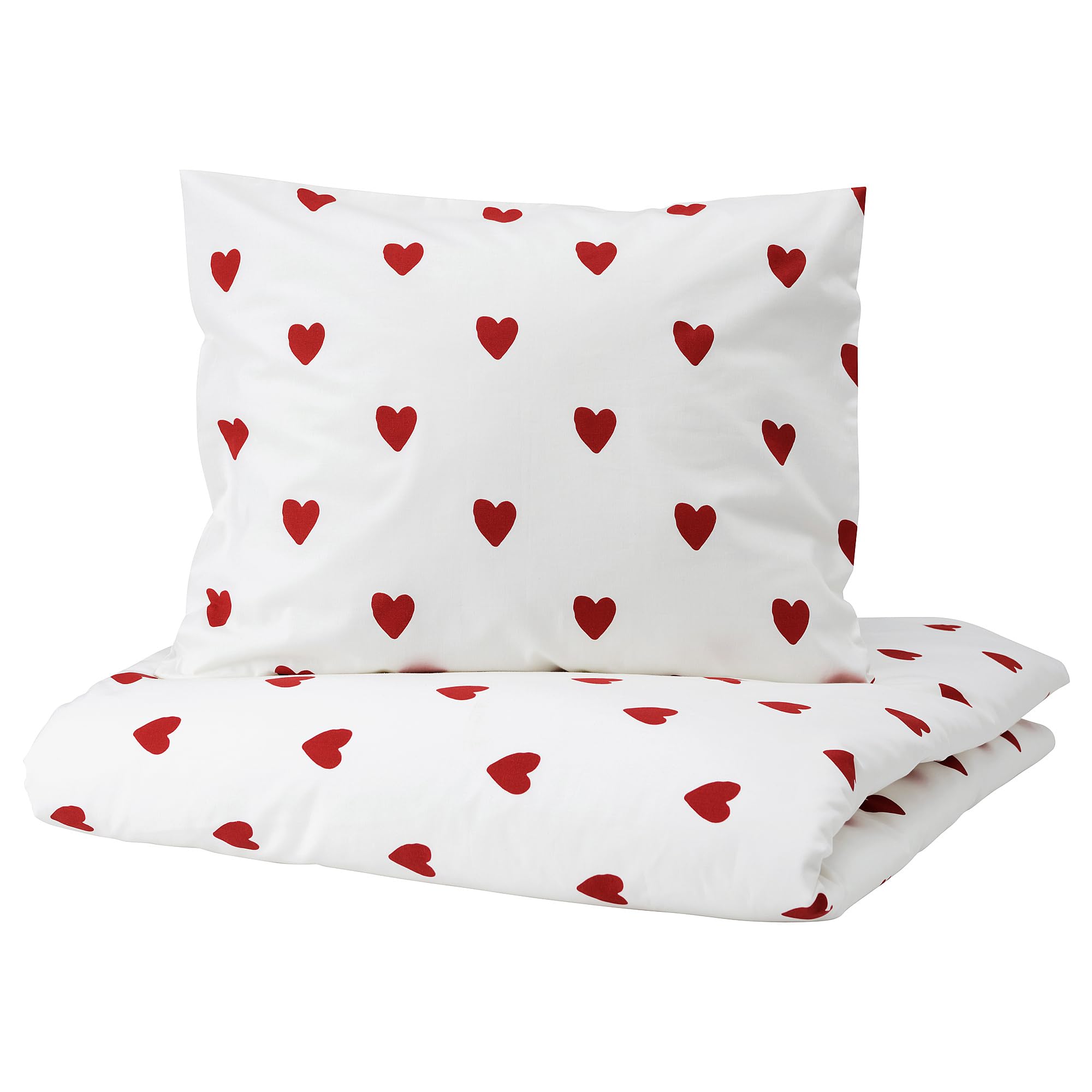Housse de couette BARNDRÖM motif cœur blanc et rouge 150x200 cm avec sa taie d'oreiller