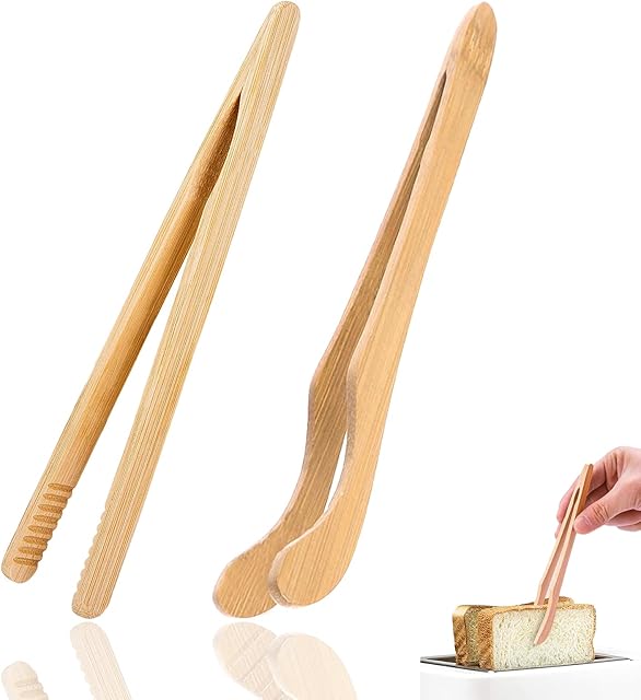 2 Pcs Bamboo Toaster Tongs, 18 cm/7 inch Wooden Cooking Tongs Kitchen Reusable Toast Tong Classic Wood Food Clip Tongs for Bread Grill Cheese Pickles Tea Fruit