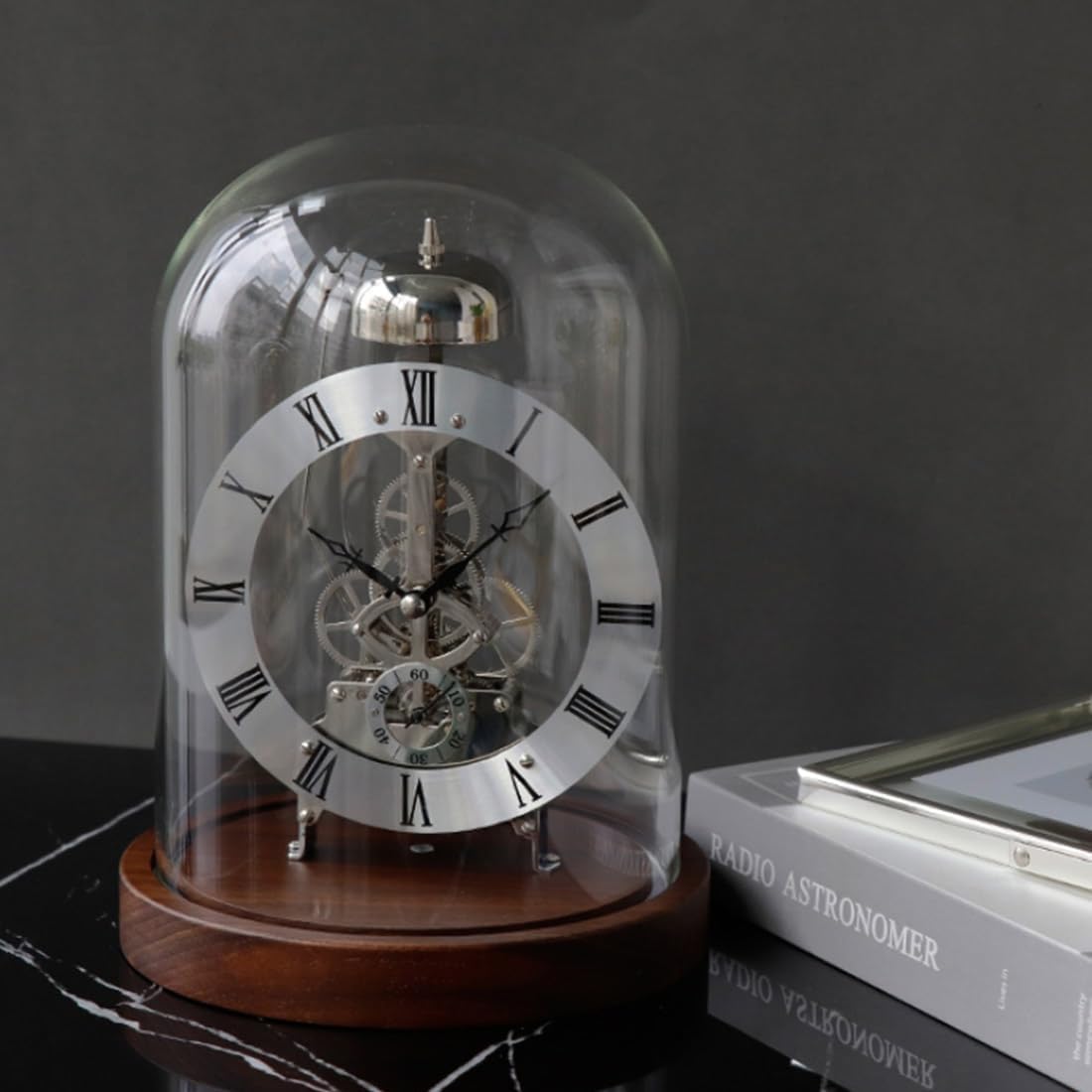 Zegar biurkowy LED, przezroczysty zegar mechaniczny retro, klasyczny zegar kwarcowy ze szklaną kopułą, klasyczny zegar stołowy, lampa LED do sypialni, salonu,