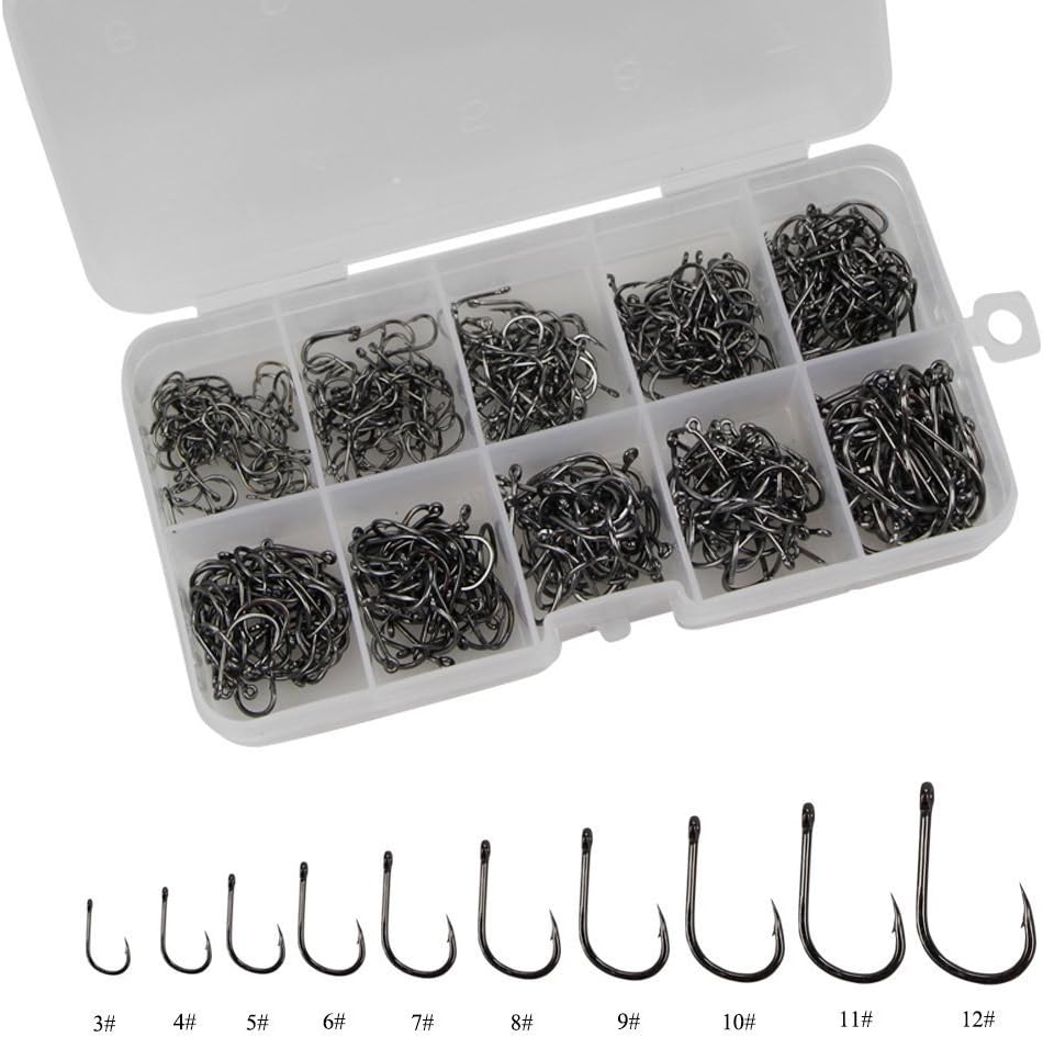 UCEC 500pcs 10 Different Sizes Freshwater Fishhook Fishing Hooks Set with a Plastic Box black