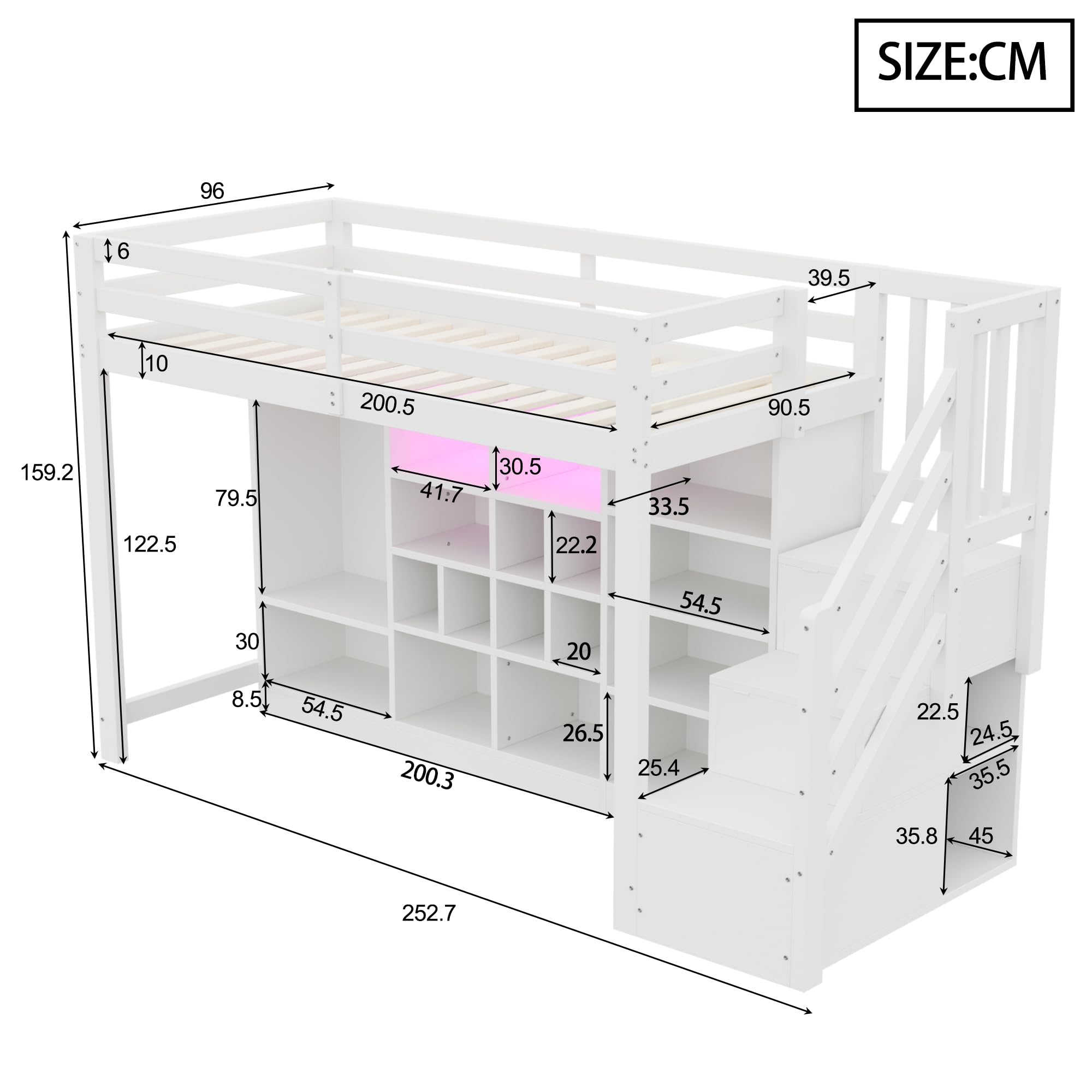 Soweiz Cama alta de 90 x 200 cm, con armarios de almacenamiento con varios compartimentos y un armario, con iluminación LED, escalera lateral integrada, espacio de almacenamiento (blanco)