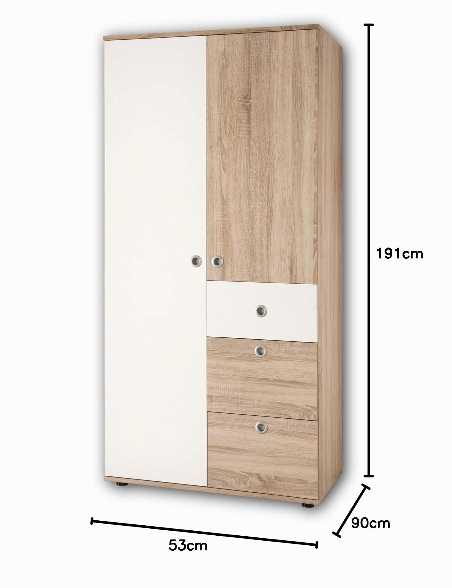 Stella Trading Wiki Armoire Élégante et Polyvalente, Grand Espace de Rangement, 2 Portes Battantes, Aspect Chêne Sonoma/Blanc, Dimensions (l x H x P) 90 x 191 x 53 cm