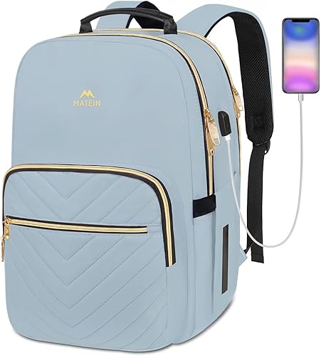 MATEIN Mochila para laptop de 15.6, acolchada, lindas mochilas delgadas para mujer con correa de equipaje y asa de cuero, bolsa ligera de viaje para