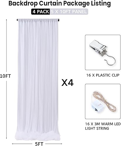 Miniatura 2 de Paneles de cortina tipo telón de fondo de tul marfil de doble capa de 20 x 10 pies con luz, 4 paneles de 5 x 10 pies, cortinas de fondo de fotos