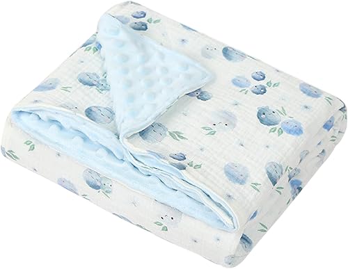 Baby Blankets for Boys Girls Minky Blanket with Muslin Cotton Front and Dotted Fleece Backing, Soft Nursery Blankets for Newborn Toddler Crib Stroller Car Seat, Blueberries