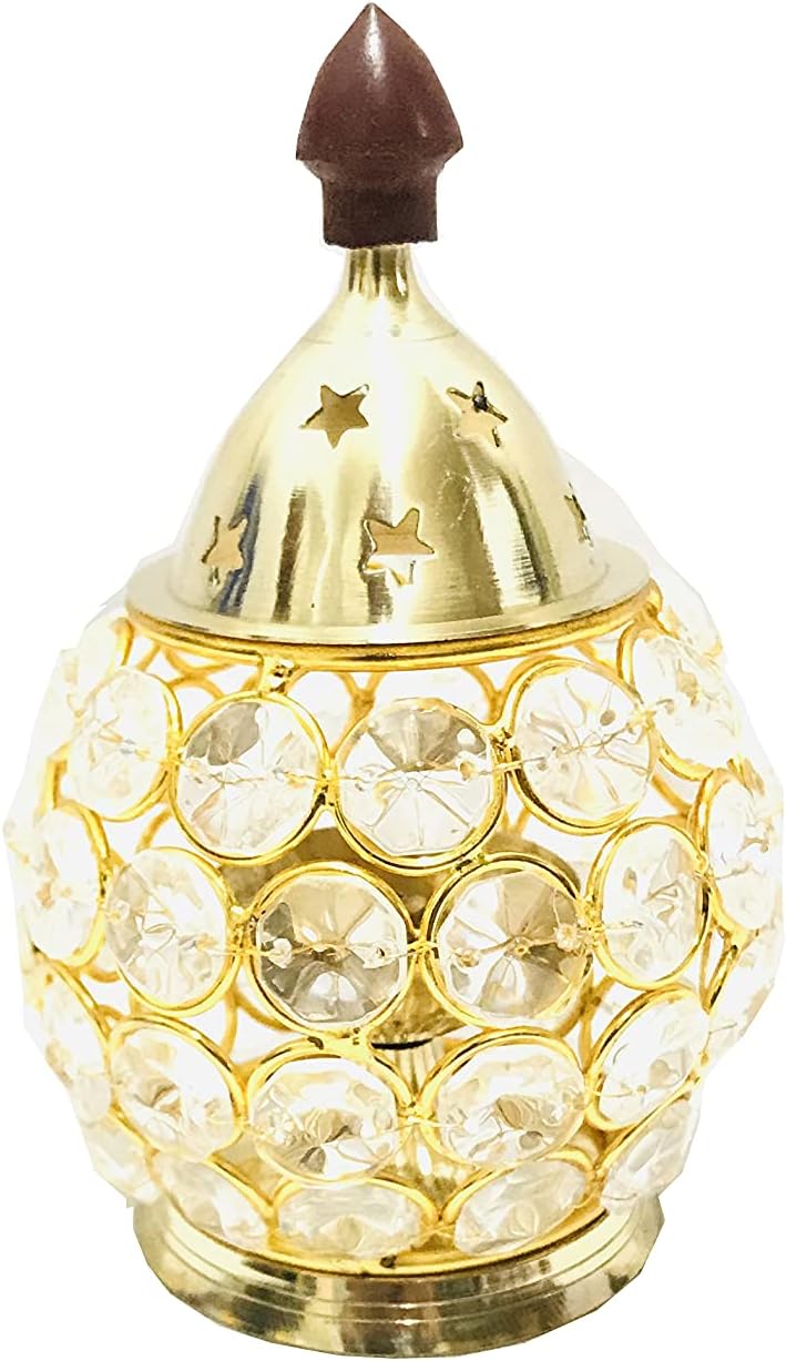 Brass Crystal Akhand Diya Jyot Diya for Diwali Oil Lantern Tealight Holder Decorative Dia for Navaratri Diya Navratri Pooja Item Mandir Decoration/Housewarming Return Gift Size- 5 inch
