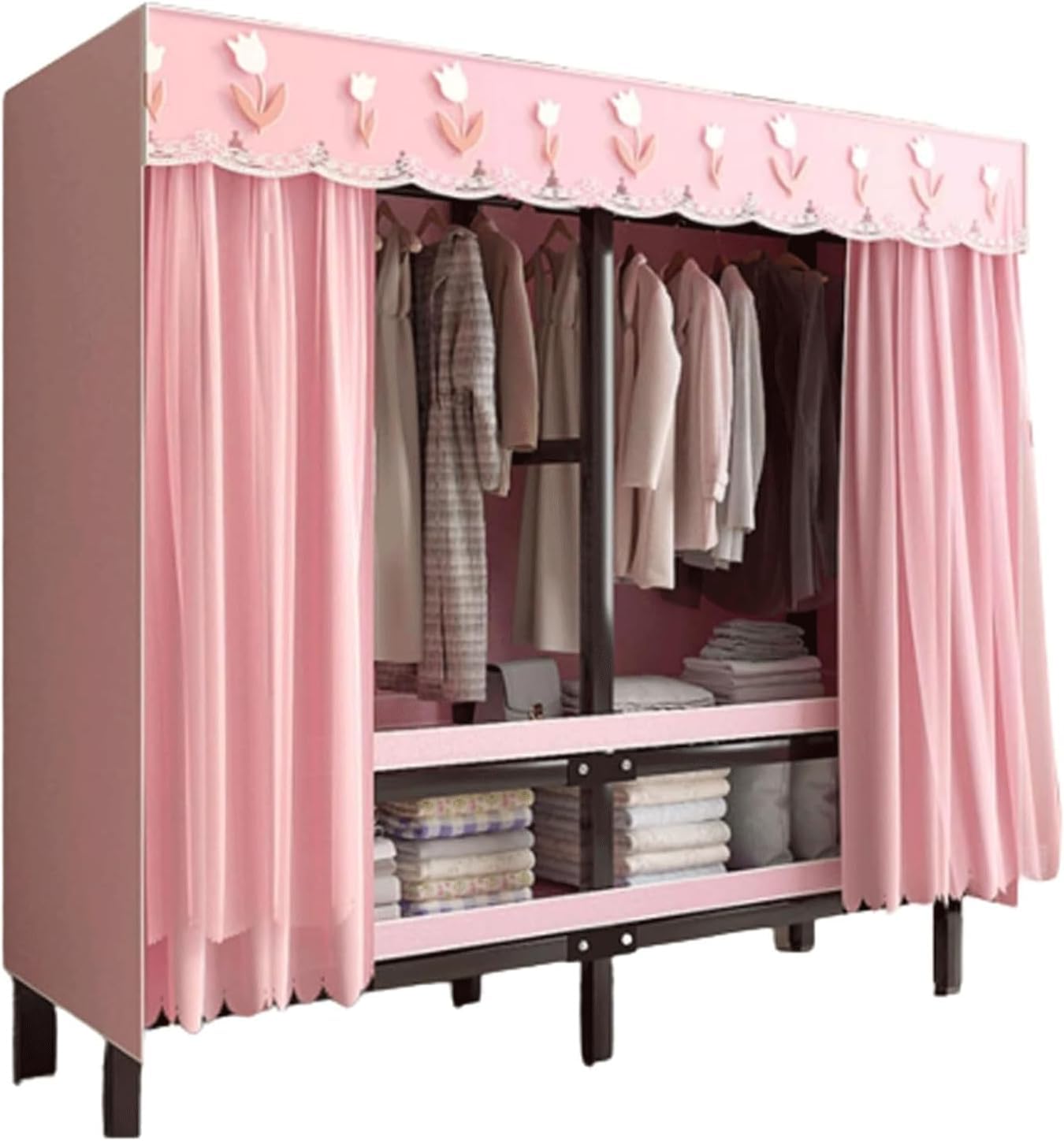 Armadio portaoggetti in Tubo d'Acciaio da 25 mm/1 Pollice, Armadio for Camera da Letto, Armadio Guardaroba Portatile di Grandi Dimensioni(Pink-150cm/59in)