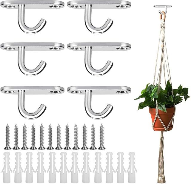 AFASOES 6pcs Ceiling Hooks 304 Stainless Steel Pad Eye Plate Anchor Heavy Duty Ceiling Light Hook M5 Wall Mount Ceiling Plant Hangers Chandelier Swag Hook with Screws for Lamp Plant Basket Ceiling Fan