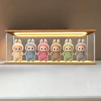 Clear Acrylic Display Cases with LED Light for Action Figures for LABUBU 3.0 Vinyl Plush Collectibles for Lego Storage Box Shelf Stackable Showcase Dustproof Organizer with Door, Wooden 23.6x3.9x7.9in