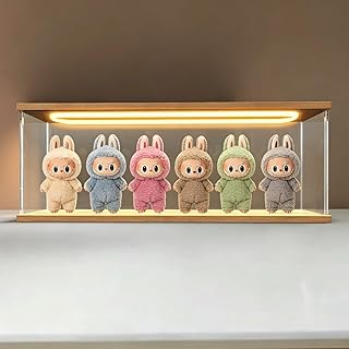 Clear Acrylic Display Cases for Action Figures for LABUBU 3.0 Vinyl Plush | Storage Box with Door for Lego Collectibles Shelf Stackable Showcase Dustproof Organizer & LED, Wooden 23.6x3.9x7.9in