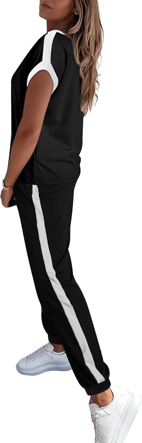 Marvmys Women Short Sleeve Tracksuit Set 2 Piece Sweat Set Outfits Color Block Jogging Suits with Pockets - Image 2