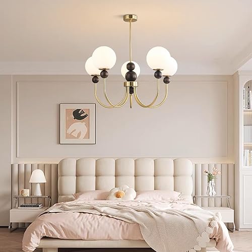 Miniatura 3 de BOKT Candelabro de cristal moderno con forma de globo vintage, lámpara colgante de madera dorada de 5 luces, lámpara de techo semiempotrada, lámpara